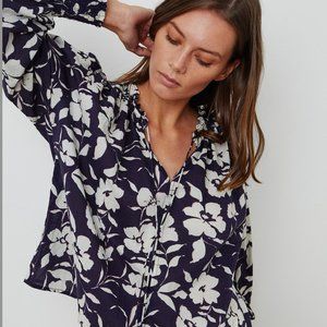 Velvet by Graham & Spencer Anissa Blue Floral Cotton Blouse Top Small